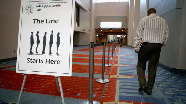 The welcome sign at a job fair earlier this year in Washington, D.C. (Getty Images)