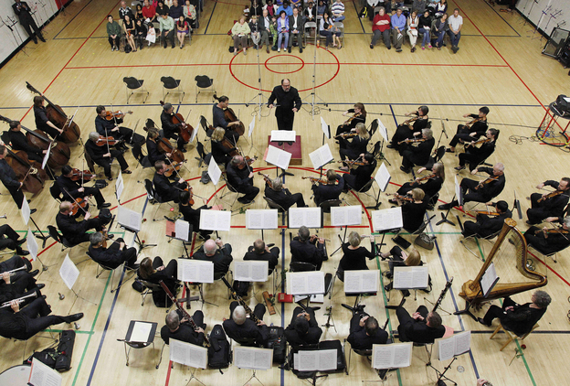Locked out musicians of the Minnesota Orchestra perform in a free event in a gym in Minneapolis.