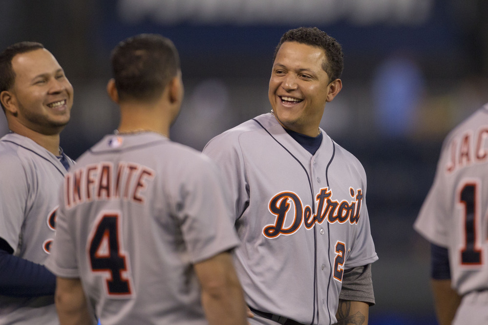 Detroit Tigers' Miguel Cabrera before a baseball game against the Kansas City Royals at Kauffman Stadium in Kansas City, Mo.