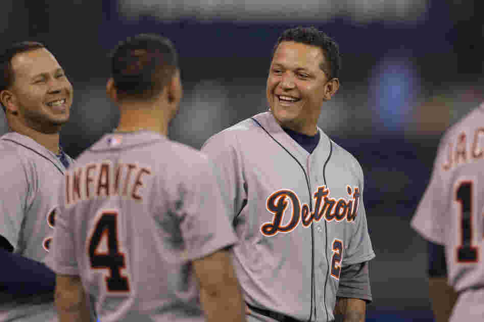 Detroit Tigers' Miguel Cabrera before a baseball game against the Kansas City Royals at Kauffman Stadium in Kansas City, Mo.