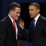 Republican presidential nominee Mitt Romney and President Obama talk after the first presidential debate at the University of Denver on Wednesday.