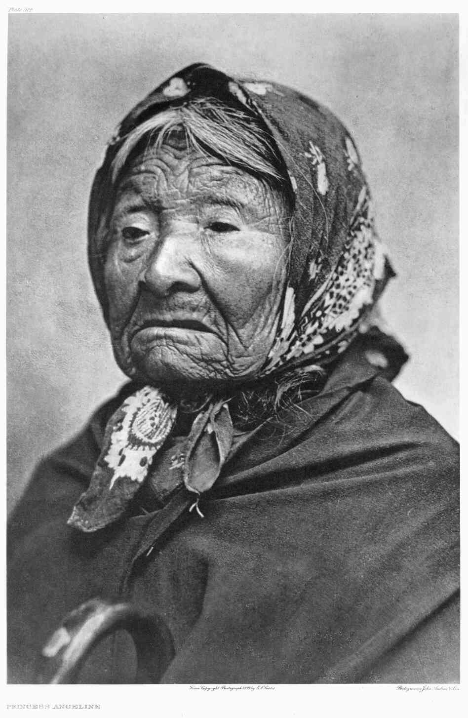 Princess Angeline, the last surviving child of Chief Seattle. Curtis took this photo in his studio in 1896, shortly before Angeline's death, at a time when it was illegal for Indians to live in the city named for her father. He paid her a dollar for the sitting.