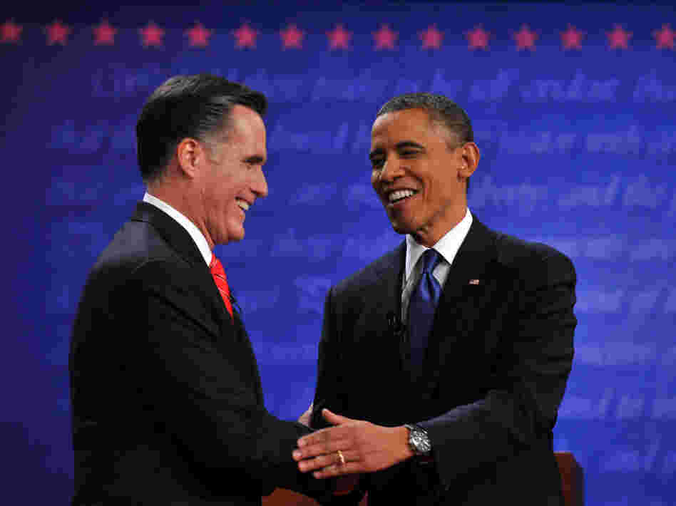 President Obama and Republican Mitt Romney shake hands following their first debate at the University of Denver on Oct. 3.