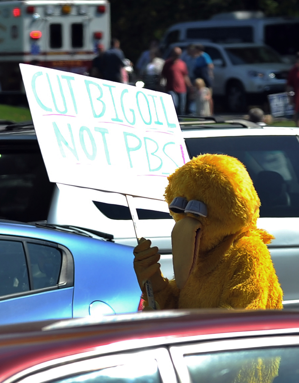 A protester dressed as "Big Bird" outside a Mitt Romney rally Friday in Abingdon, Va.