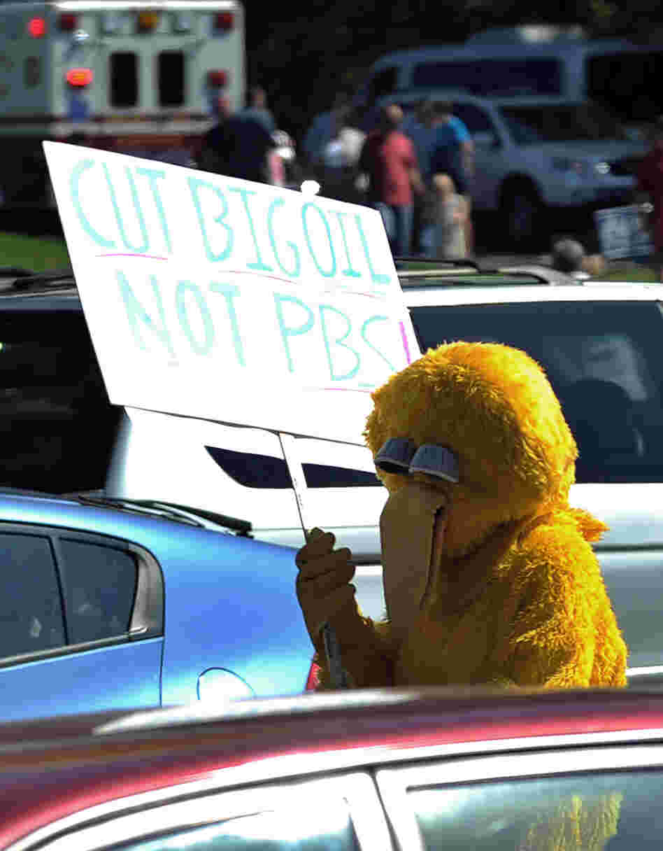 A protester dressed as "Big Bird" outside a Mitt Romney rally Friday in Abingdon, Va.