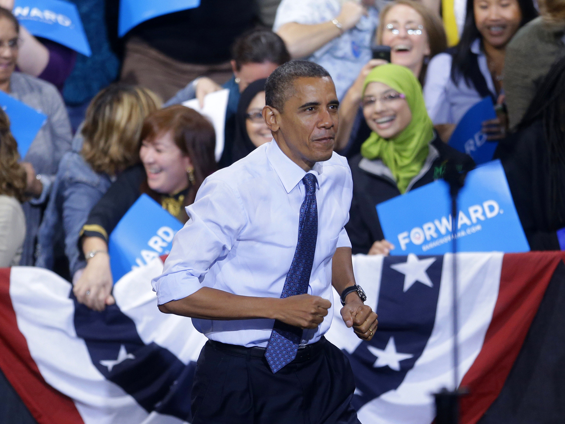 President Obama takes the stage Friday during a campaign event at George Mason University in Fairfax, Va.