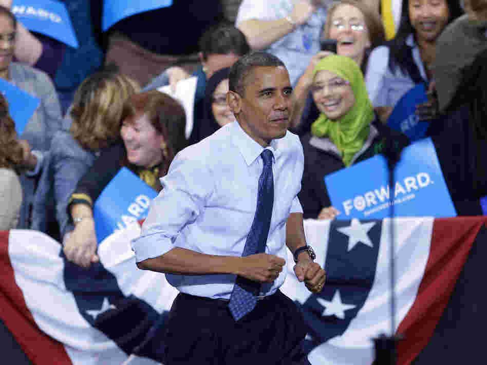 President Obama takes the stage Friday during a campaign event at George Mason University in Fairfax, Va.
