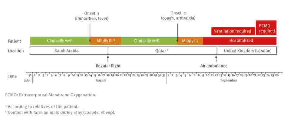 A timeline for the case of a Qatari man sickened by a new virus.