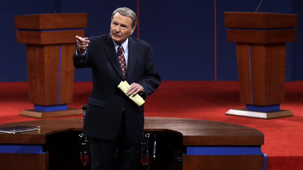 Moderator Jim Lehrer addresses the audience before the first presidential debate at the University of Denver on Wednesday