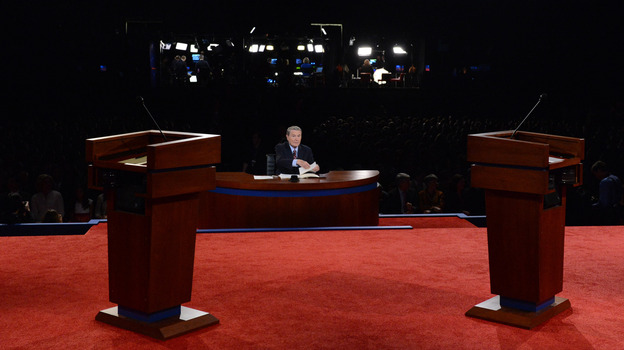Moderator Jim Lehrer sits at his desk before last Wednesday's debate between President Obama and Republican presidential candidate Mitt Romney in Denver. For third-party candidates, getting into a presidential debate is practically impossible.