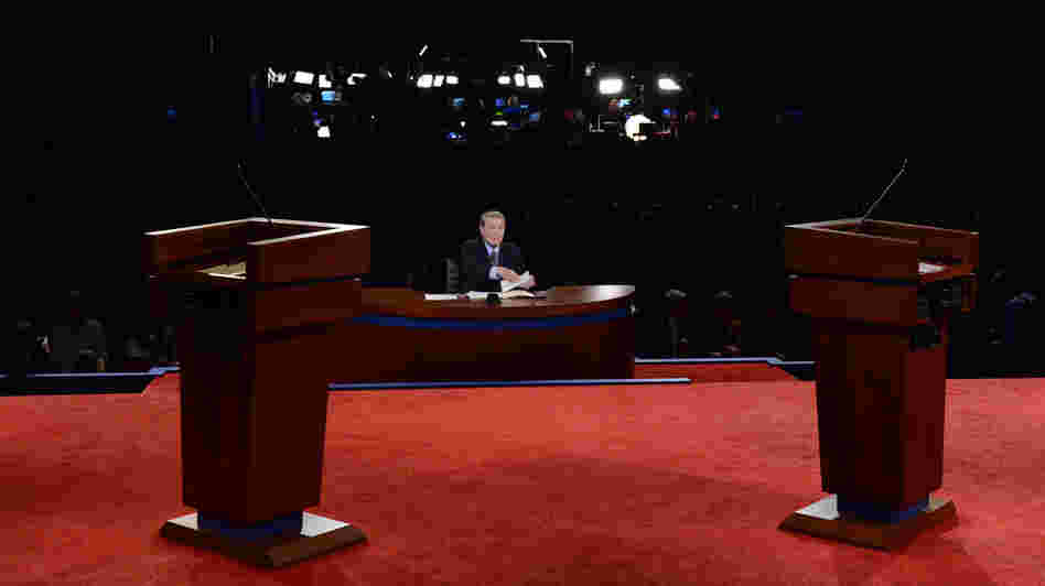 Moderator Jim Lehrer sits at his desk before last Wednesday's debate between President Obama and Republican presidential candidate Mitt Romney in Denver. For third-party candidates, getting into a presidential debate is practically impossible.