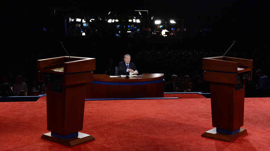 Moderator Jim Lehrer sits at his desk before last Wednesday's debate between President Obama and Republican presidential candidate Mitt Romney in Denver. For third-party candidates, getting into a presidential debate is practically impossible.