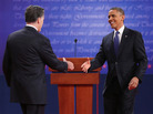 President Obama and Republican challenger Mitt Romney greet one another before Wednesday's debate in Denver. President Obama and Republican challenger Mitt Romney greet one another before Wednesday's debate in Denver.