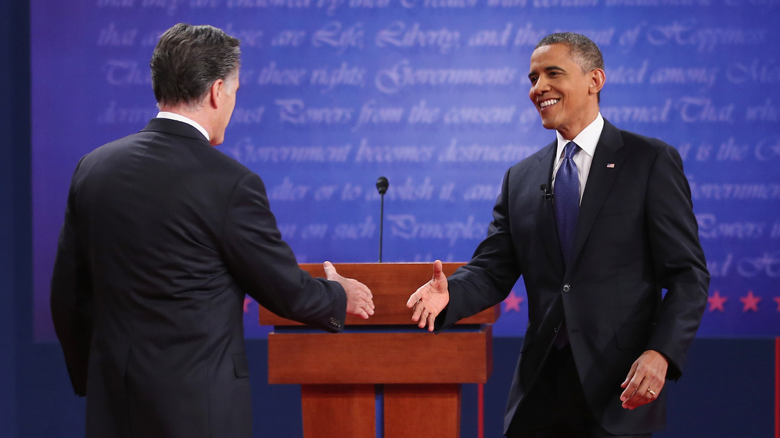 President Obama and Republican challenger Mitt Romney greet one another before Wednesday's debate in Denver.