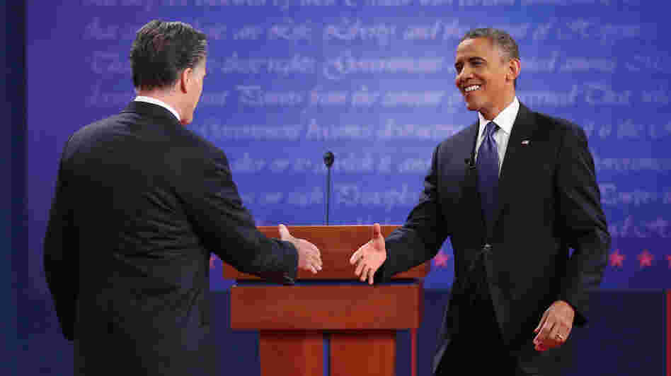 President Obama and Republican challenger Mitt Romney greet one another before Wednesday's debate in Denver.