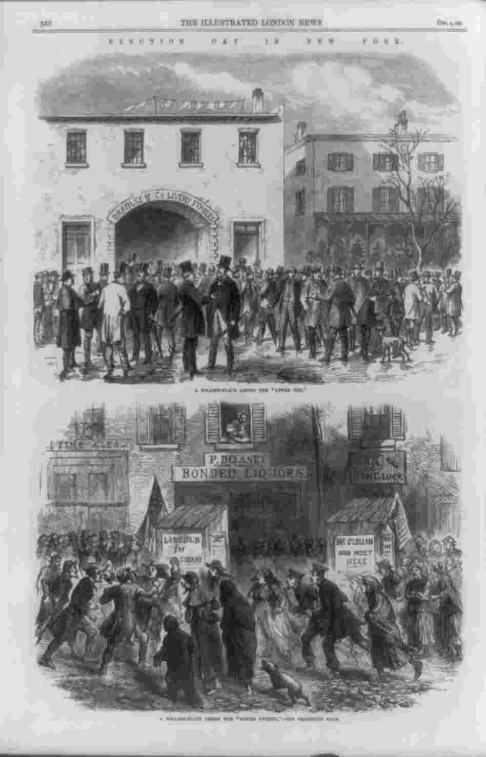A print in The Illustrated London News of Dec. 3, 1864, depicts Election Day in a wealthy (top) and poor (bottom) neighborhood in New York. The top caption reads: "A polling-place in the 'upper ten.' " The bottom caption reads: "A polling-place among the 'lower twenty.' " Click Here To See A Full-Size Image