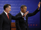 Mitt Romney and President Obama wave to the audience during the first presidential debate at the University of Denver, on Wednesday. Mitt Romney and President Obama wave to the audience during the first presidential debate at the University of Denver, on Wednesday.