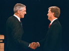 Sen. Lloyd Bentsen (D-Texas) shakes hands with Sen. Dan Quayle (R-Ind.) before their vice presidential debate at the Omaha Civic Auditorium in Omaha, Neb., on Oct. 5, 1988. Sen. Lloyd Bentsen (D-Texas) shakes hands with Sen. Dan Quayle (R-Ind.) before their vice presidential debate at the Omaha Civic Auditorium in Omaha, Neb., on Oct. 5, 1988.