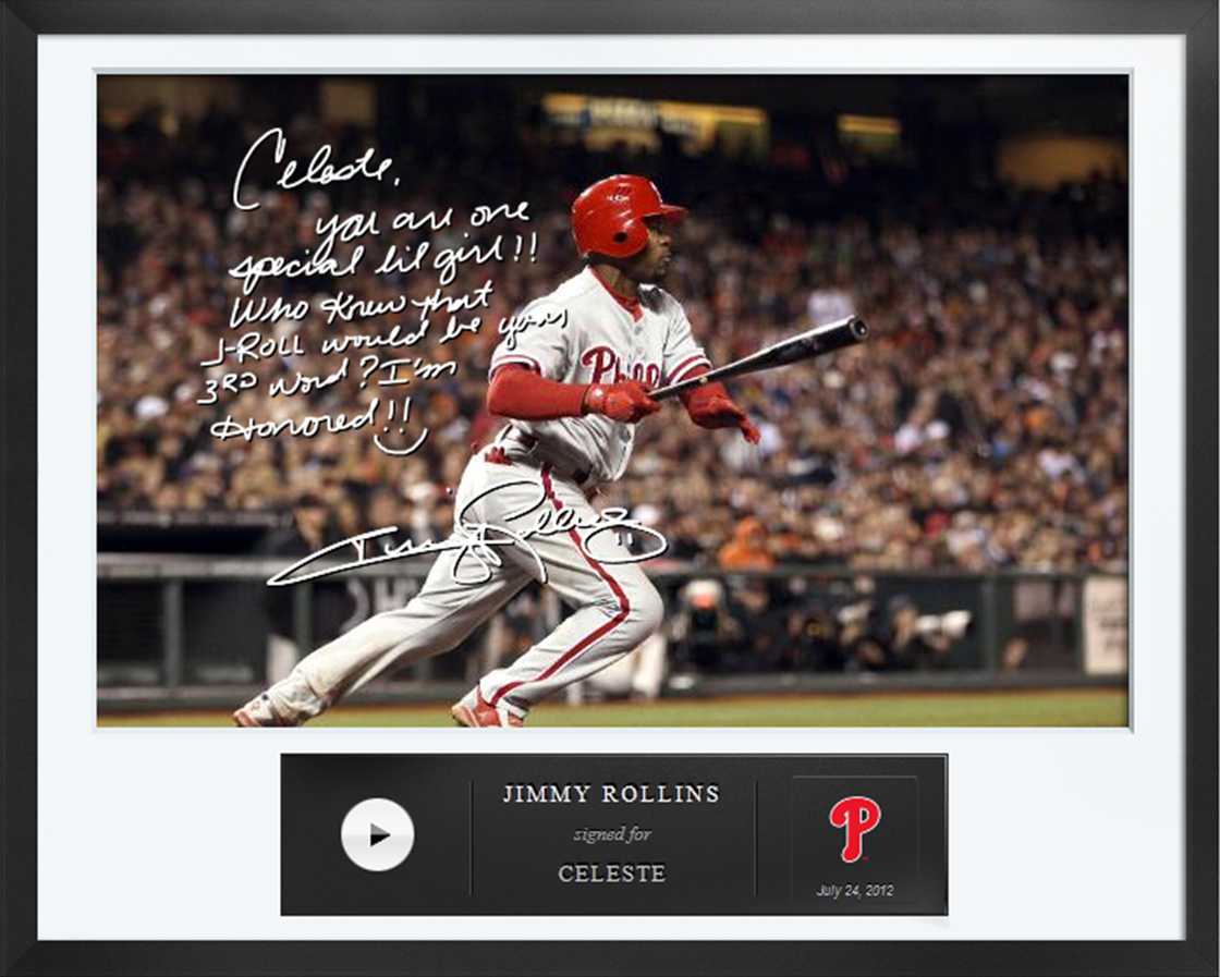 An Egraph signed by Philadelphia Phillies baseball player Jimmy Rollins. Egraphs offers an autographed digital picture with a handwritten note and a personalized audio message for $50.