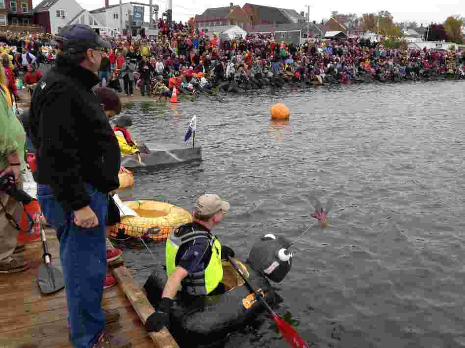 Peter Geiger lines up before the start of the pumpkin race in Damariscotta, Maine.