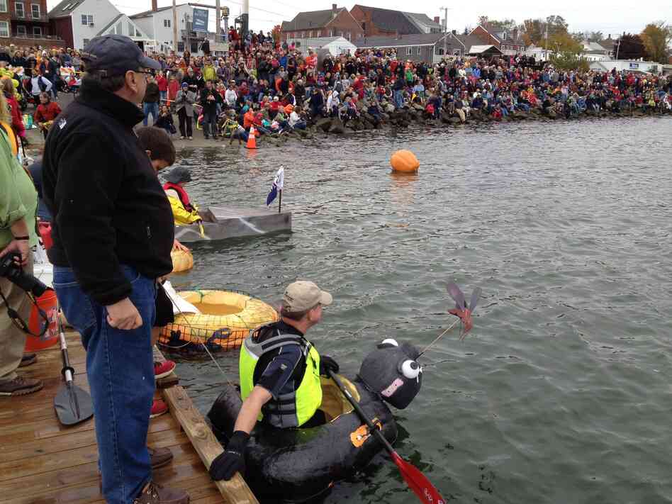 Peter Geiger lines up before the start of the pumpkin race in Damariscotta, Maine.
