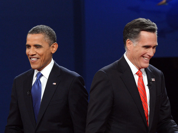 President Obama and Republican presidential candidate Mitt Romney finish their debate at the University of Denver on Oct. 3.