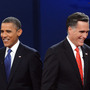 President Obama and Republican presidential candidate Mitt Romney finish their debate at the University of Denver on Oct. 3. President Obama and Republican presidential candidate Mitt Romney finish their debate at the University of Denver on Oct. 3.