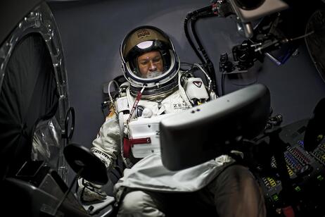 Felix Baumgartner of Austria sits in his capsule during the preparations for the final manned flight of the Red Bull Stratos mission in Roswell, New Mexico, on Oct. 6. Felix Baumgartner of Austria sits in his capsule during the preparations for the final manned flight of the Red Bull Stratos mission in Roswell, New Mexico, on Oct. 6.