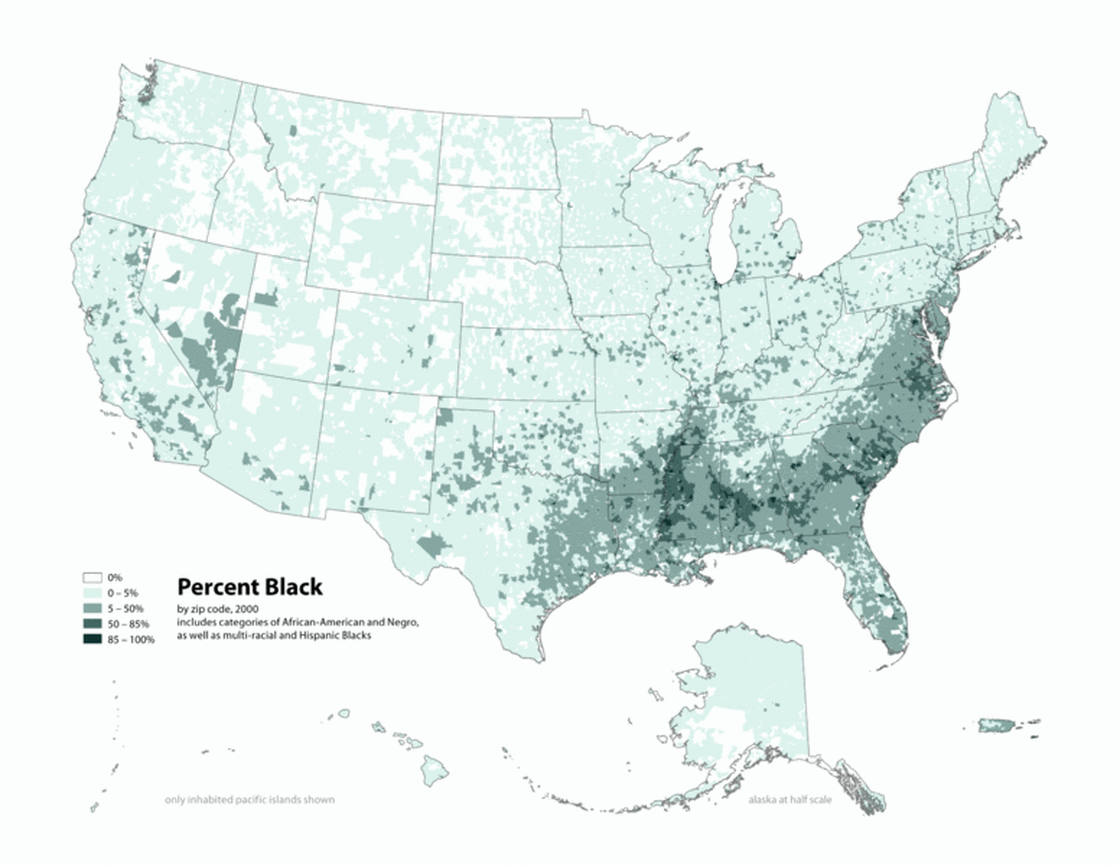 Map of contiguous U.S., showing percentage of population self-reported as "black," by census tract, 2000.