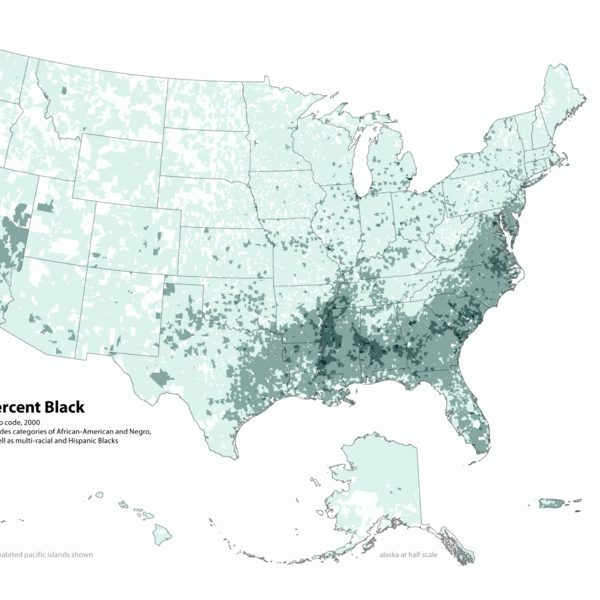 Map of contiguous U.S., showing percentage of population self-reported as "black," by census tract, 2000.