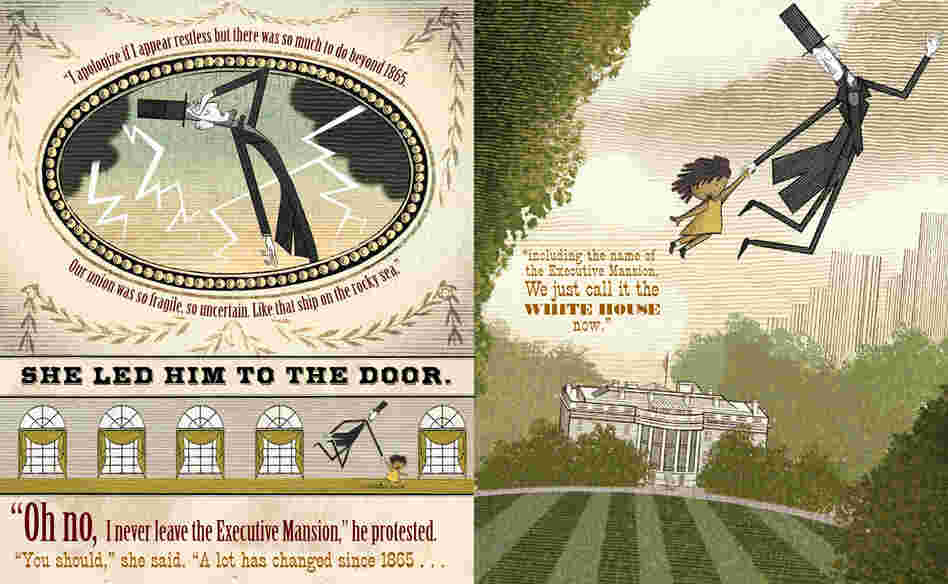 5: In Lane Smith's new book, a schoolgirl gets separated from her tour of the White House and finds herself in the Lincoln bedroom, and finds the ghost of Lincoln himself. They journey across the U.S. to answer his questions and quiet his concerns about the nation.