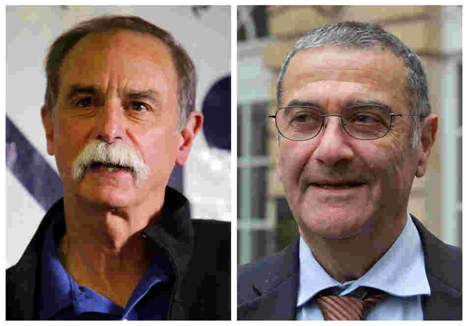 In this combination of photos, American physicist David Wineland (left) speaks at a news conference in Boulder, Colo., and French physicist Serge Haroche speaks to the media in Paris after they were named winners of the 2012 Nobel Prize in physics. In this combination of photos, American physicist David Wineland (left) speaks at a news conference in Boulder, Colo., and French physicist Serge Haroche speaks to the media in Paris after they were named winners of the 2012 Nobel Prize in physics.