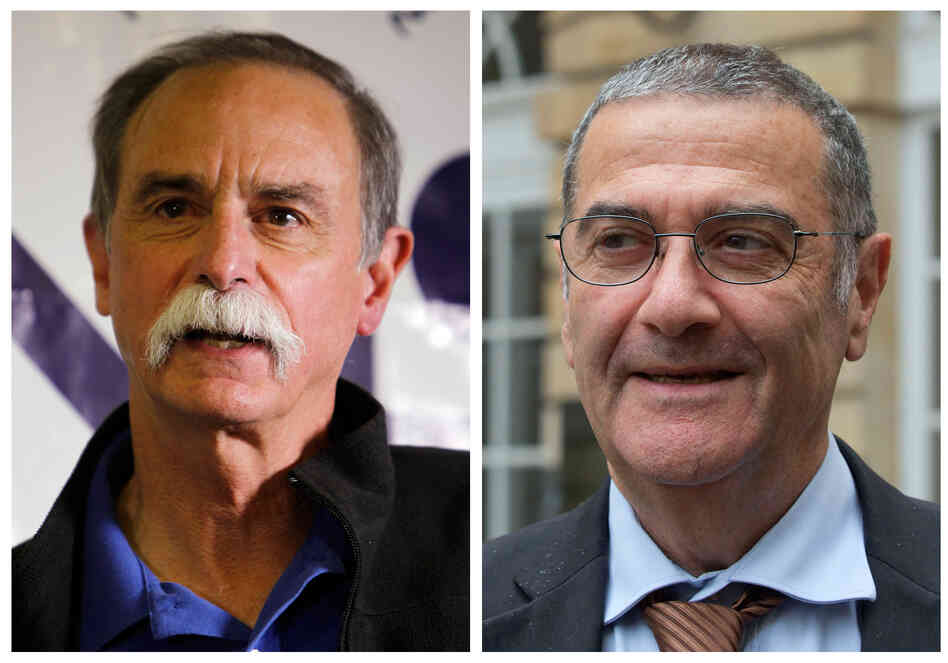 In this combination of photos, American physicist David Wineland (left) speaks at a news conference in Boulder, Colo., and French physicist Serge Haroche speaks to the media in Paris after they were named winners of the 2012 Nobel Prize in physics. In this combination of photos, American physicist David Wineland (left) speaks at a news conference in Boulder, Colo., and French physicist Serge Haroche speaks to the media in Paris after they were named winners of the 2012 Nobel Prize in physics.