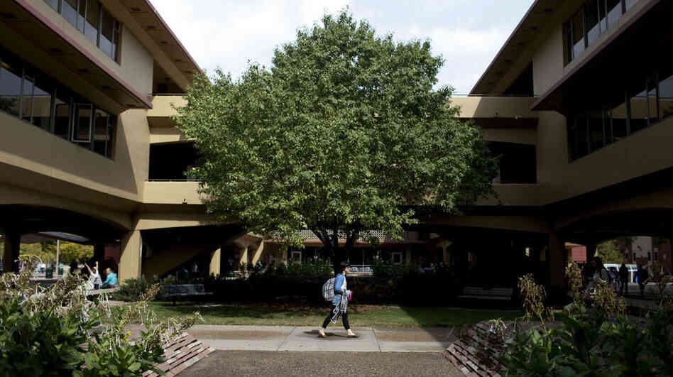 A student walks through the quad at Colorado State University in Fort Collins.