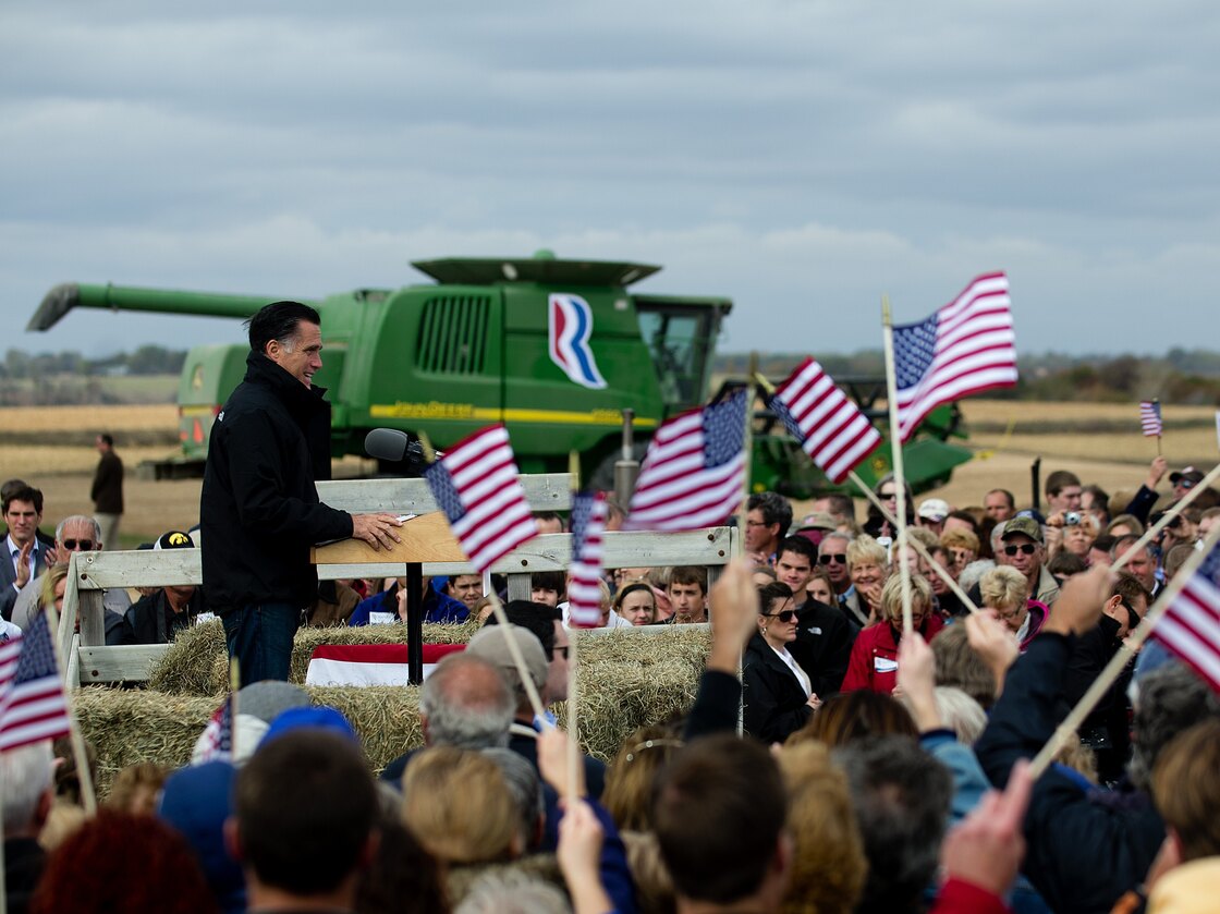 Mitt Romney on a farm in Van Meter, Iowa, on Tuesday.