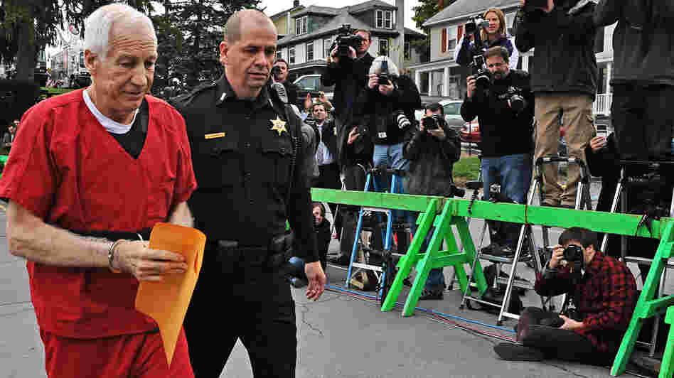 Former Penn State assistant football coach Jerry Sandusky as he walked to the courthouse this morning in Bellefonte, Pa.