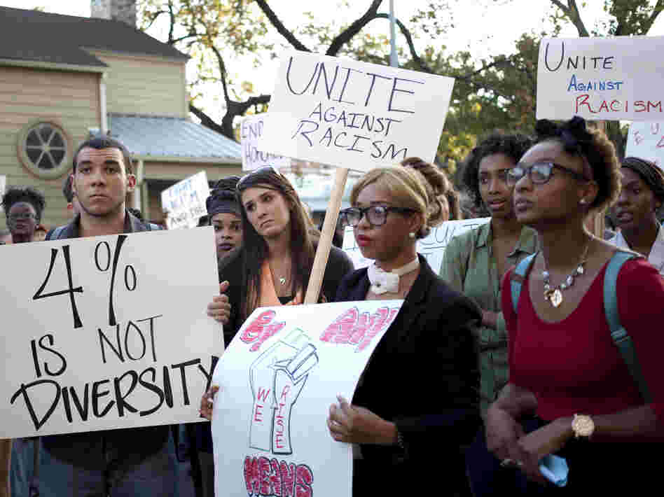 Students rally Oct. 3 in the wake of reports of water balloon attacks on minority students at the University of Texas at Austin. Campus police are investigating the incidents.