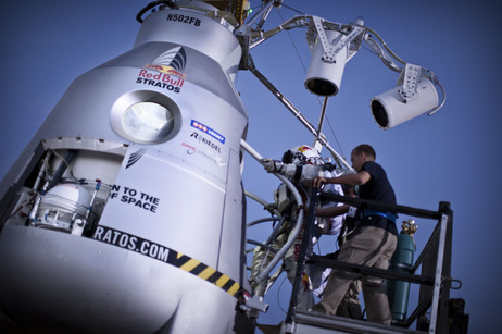 In this photo provided by Red Bull, Pilot Felix Baumgartner of Austria steps in the capsule during the second manned test flight for Red Bull Stratos in July. In this photo provided by Red Bull, Pilot Felix Baumgartner of Austria steps in the capsule during the second manned test flight for Red Bull Stratos in July.