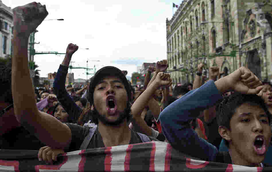 Students take part in a demonstration to commemorate the massacre of Tlatelolco, in Mexico City, on Oct. 2, 2012.