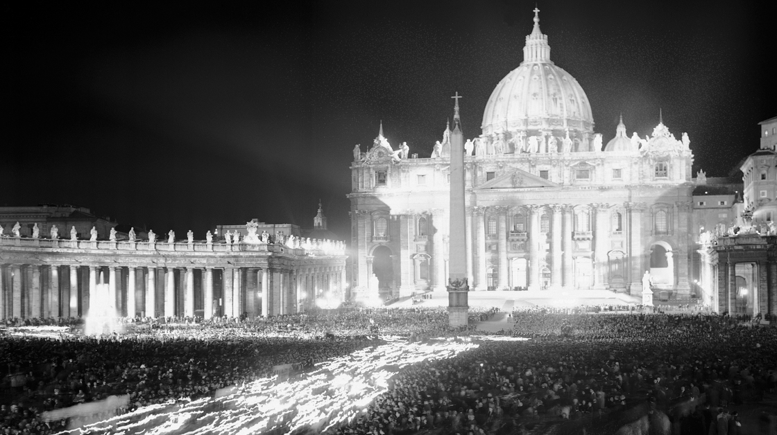 Thousands of faithful Catholics carry torches in a procession in St. Peter's Square in Vatican City on Oct. 11, 1962, the opening day of the historic Second Vatican Council. Over a three-year period, more than 2,000 bishops from around the world issued 16 landmark documents, which championed a more inclusive, less hierarchical and open church.
