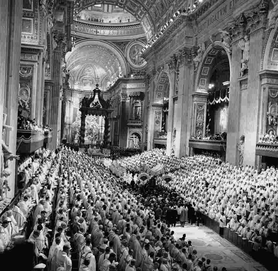 Pope John XXIII is carried on a portable throne down the aisle in St. Peter's Basilica on Oct. 11, 1962. Despite the pontiff's call for openness, certain issues — such as priestly celibacy — remained off-limits. Pope John XXIII is carried on a portable throne down the aisle in St. Peter's Basilica on Oct. 11, 1962. Despite the pontiff's call for openness, certain issues — such as priestly celibacy — remained off-limits.