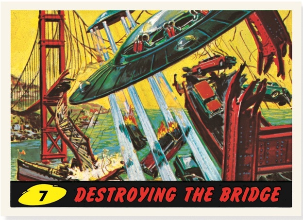 The card "Destroying The Bridge" shows the destruction of the Golden Gate Bridge.