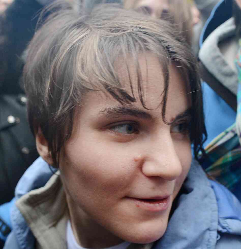 Yekaterina Samutsevich of Pussy Riot after her release from prison today in Moscow.