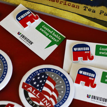 Buttons on display at the Larimer County GOP office. Buttons on display at the Larimer County GOP office.