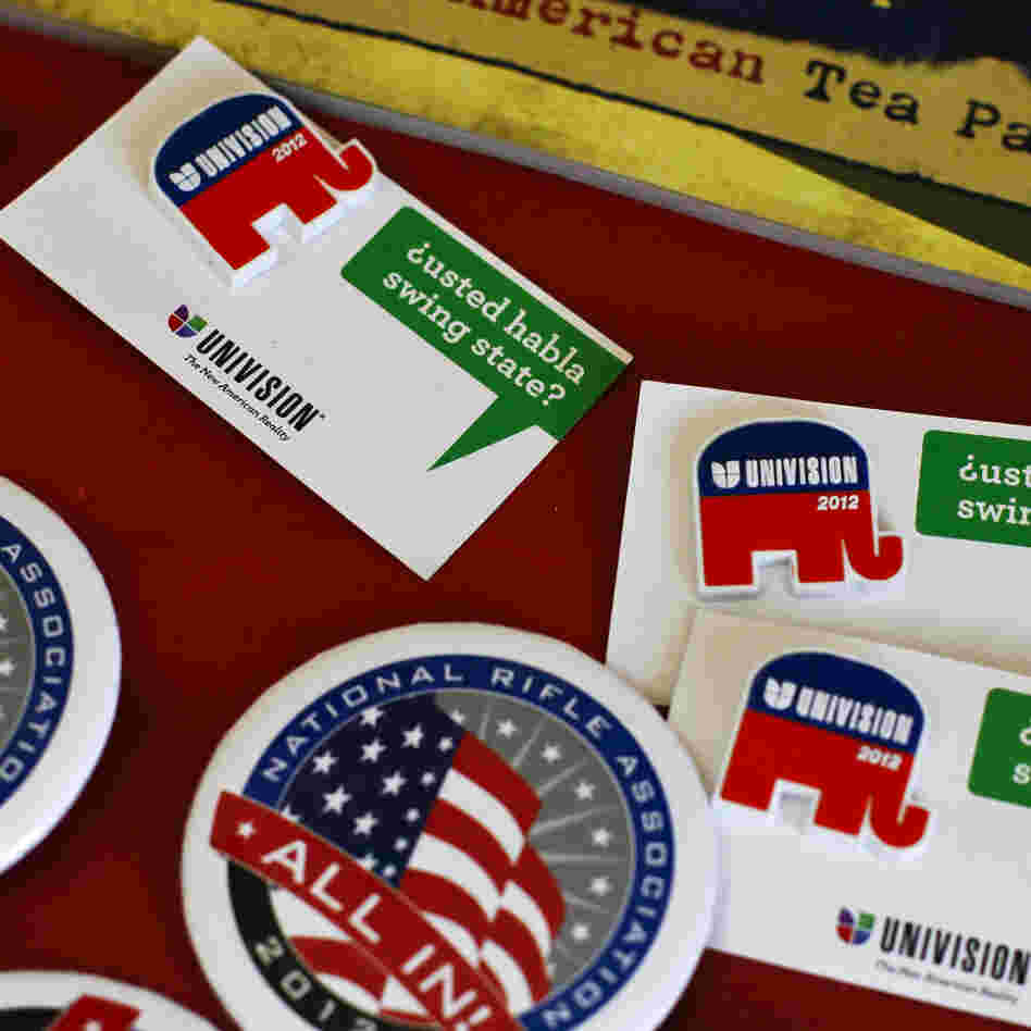 Buttons on display at the Larimer County GOP office.