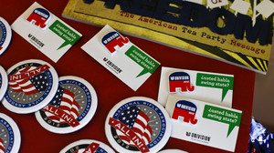 Buttons on display at the Larimer County GOP office.