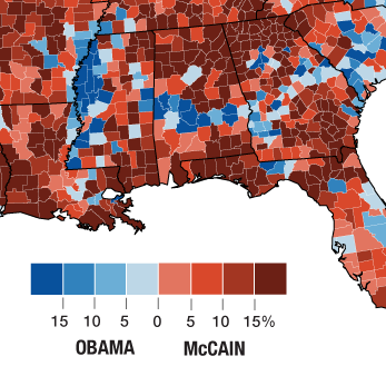 2008 presidential election results by county. Blue denotes majority Democratic votes, and red Republican.