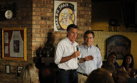 Republican presidential candidate Mitt Romney stumped for U.S. Senate hopeful Richard Mourdock (right) in August at Stepto's BBQ Shack in Evansville, Ind. Republican presidential candidate Mitt Romney stumped for U.S. Senate hopeful Richard Mourdock (right) in August at Stepto's BBQ Shack in Evansville, Ind.