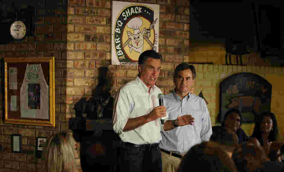 Republican presidential candidate Mitt Romney stumped for U.S. Senate hopeful Richard Mourdock (right) in August at Stepto's BBQ Shack in Evansville, Ind.