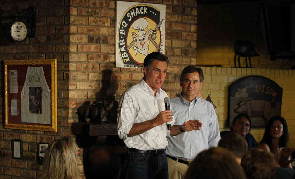 Republican presidential candidate Mitt Romney stumped for U.S. Senate hopeful Richard Mourdock (right) in August at Stepto's BBQ Shack in Evansville, Ind.